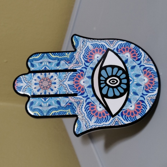 Hamsa Hand porcelain pink and blue 4 inches across and 5.75 long - Picture 5 of 5